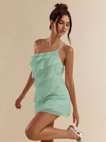 SHEIN BAE 夏季海滩度假纯色杏色分层荷叶蛋糕迷你连衣裙，适合日常约会、夜间外出、夜总会、派对、聚会、鸡尾酒会、泳池派对、返校季服装、学校季连衣裙、节日连衣裙、音乐节服装、乡村音乐节服装、演唱会服装 - 藍色 - 查看 3