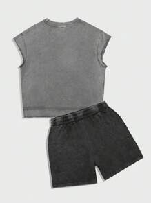 ROMWE MEN Street Life Conjunto de top sin mangas y pantalones cortos de cuello redondo estampado para hombre