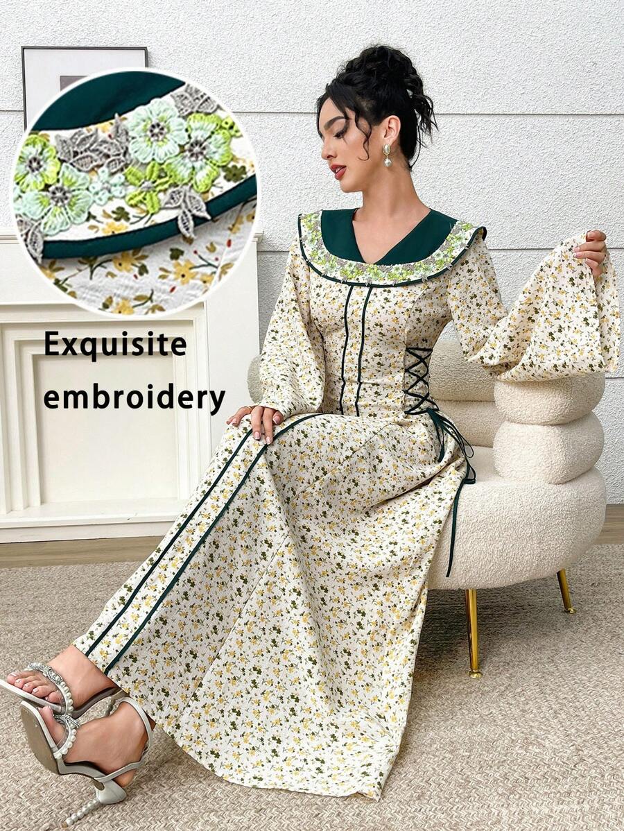Al Najma Women's Elegant Ditsy Floral Print Bell Sleeve Arabian Dress - Multicolor - View 1