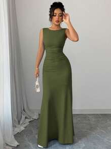 Selianne Women's Spring/Summer Elegant Long Dress, Sleeveless Round Neck A-Line Skirt, Slanted Waist Pleats, Blue Knit Fabric - Green - View 6