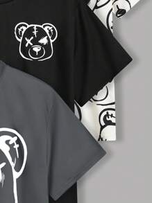SHEIN Set de 3 camisetas de manga corta de punto holgado con estampado de oso en estilo coreano/japonés para niño preadolescente, 3 colores - Gris - Ver 5