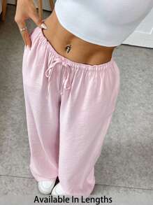 SHEIN PETITE CURVE 大码可爱粉色夏季低腰休闲宽松长裤 - 粉色 - 查看 1