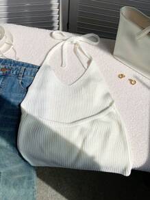 Comfortcana Áo croptop dệt kim cổ yếm họa tiết hoa 3D màu trắng mùa hè, thích hợp mặc đi biển cho nữ. - trắng - Xem 2