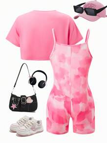 SHEIN Explorewe Tween Girls' Simple Fashion Casual Daily Pink Short Sleeve Romper Set Outfit For Girls Summer Girls Outfit - Pink - View 2