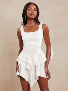 NYA SZN 连衣裙迷你蝴蝶结吊带夏季优雅俱乐部荷叶边毕业外出新娘婚礼宾客特殊场合服装女士 - 白色 - 查看 3