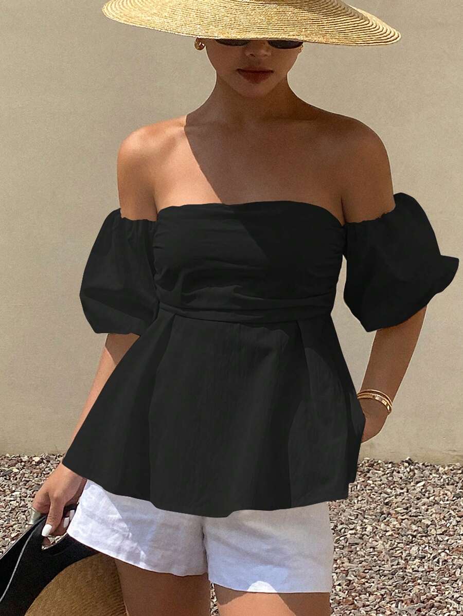 DAZY Women's Off Shoulder Puff Sleeve Tube Top Blouse, Suitable For Beach Vacation Babydoll Top