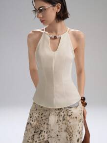 LYSMO 2025 New Arrivals Spring-Summer Women's Sleeveless Linen Tank Top With Agate Bead-Embellished Neckline And Cinched Waist, Retro And Casual, Vacation Style, Boho Chic, Country Cottagecore - Apricot - View 5