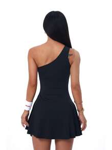 Dewbera 1pc Plain Color Hollow Asymmetric Neckline Sleeveless Sports Dress