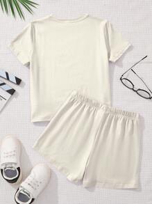SHEIN 2pcs Set Cute Pink Bow & Cherry Print Tween Girl Casual Simple Short Sleeve T-Shirt And Shorts, Suitable For Summer