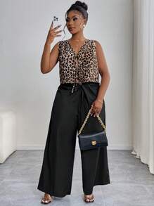SHEIN PETITE CURVE Plus Size Casual & Commute Solid Color Ruched Wide Leg Pants - Black - View 6