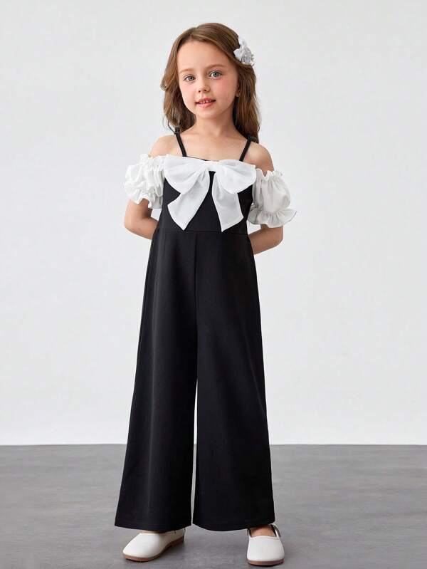Young Girl Contrast Color Bow Decor Camisole Casual Jumpsuit