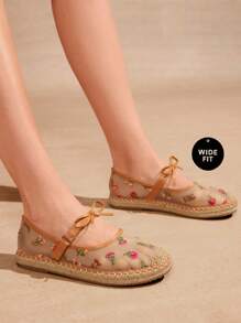 SHUZIA 女士宽版草编花卉刺绣网眼蝴蝶结玛丽珍平底鞋