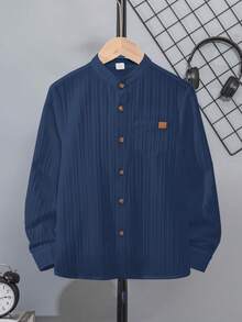 SHEIN 青少年男孩休闲纹理罗纹领和口袋长袖衬衫，适合学校、日常穿着和商务穿着 - 藏蓝色 - 查看 4