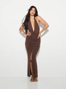 KIZN Đầm maxi cổ yếm khoét sâu, đầm dạ hội xếp ly, hở lưng, ôm sát, dài đến sàn, thích hợp cho đám cưới, tiệc tùng, sự kiện đặc biệt. - màu nâu - Xem 4