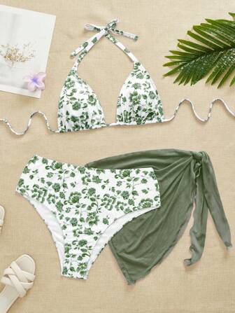 Swim Mod Ensemble de 3 pièces pour femmes grandes tailles, maillots de bain tankini à bretelles fines avec imprimé aléatoire