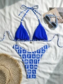 Swim Mod Set de 2 piezas de bikini con parte superior con tirantes finos y espalda descubierta, talla grande Bottom con tiro alto, de estampado aleatorio, para vacaciones de verano - Azul y blanco - Ver 2