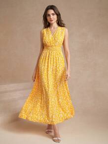 Amorya 女士無袖花卉印花集褶腰裙 - 黃色 - 查看 3