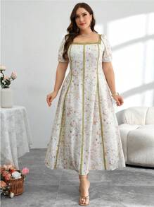 Modelyn Đầm cổ vuông in hoa nhuộm loang cỡ lớn tay bồng eo viền xòe thanh lịch lãng mạn - Nhiều màu - Xem 3