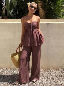 DAZY 女士无袖抹胸上衣长裤两件套，韩版假日风 - 紅色 - 查看 3