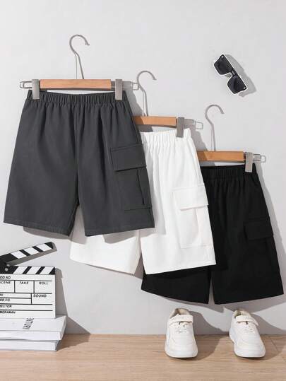 SHEIN 青少年男童宽松校园风工装短裤三件套