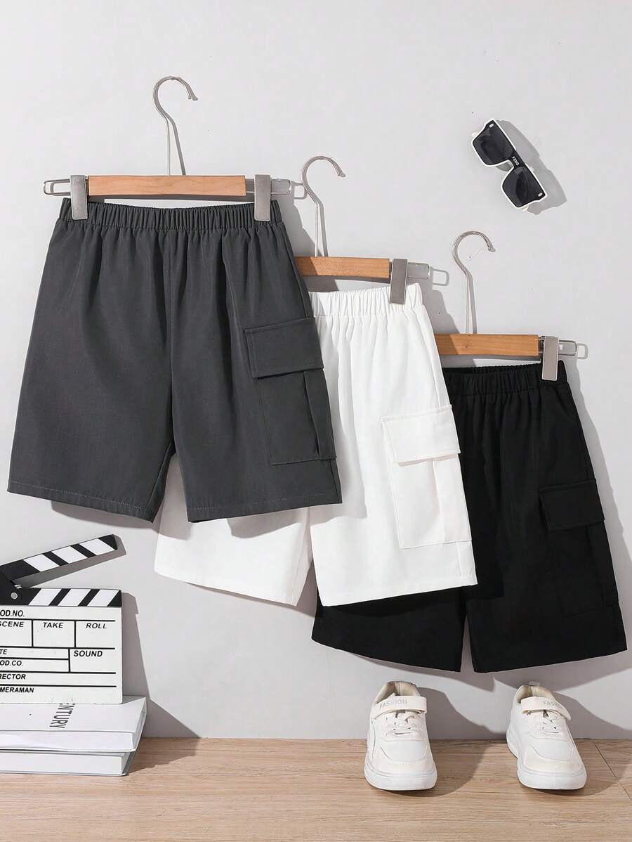 SHEIN 青少年男童宽松校园风工装短裤三件套 - 白色 - 查看 1