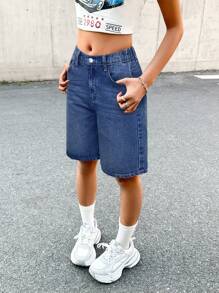 SHEIN Nastolatki Y2K modne ubrania uliczne niebieskie sprane dżinsy luźne workowate szorty bermudy z niskim stanem długie szorty dżinsowe, letni koncert boho wakacje