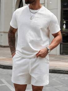 Manfinity Homme Plus Size Men Round Neck Short Sleeve Casual Solid T-Shirt And Drawstring Waist Shorts 2-Piece Set - Khaki - View 3
