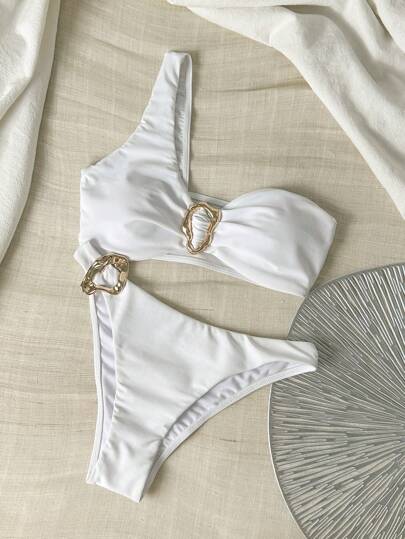 Swim Mod 春假女士金属装饰纯色性感两件套白色比基尼泳装，适合夏季海滩度假