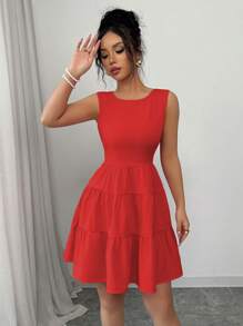 Elenzga Đầm suông cổ tròn không tay hở lưng màu trơn thanh lịch cho nữ - Đỏ - Xem 3