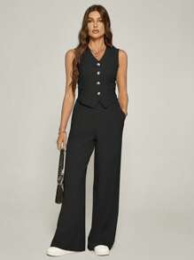 SHEIN Tall Women's Summer Casual Solid Color Tank Top And Pants Set - Black - View 8