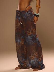 MUSERA Pantalones anchos con cordón, estampado gráfico de malla y cuentas, para vacaciones de verano en Ibiza, elegantes, lindos, para playa, festival, rave, estilo bohemio, ropa de playa, atuendos de verano a rayas