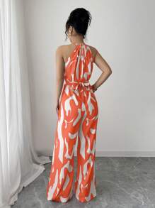 SHEIN Elenzya 女士印花面料束腰连体裤，优雅的假日和日常穿着 - 橘色 - 查看 2