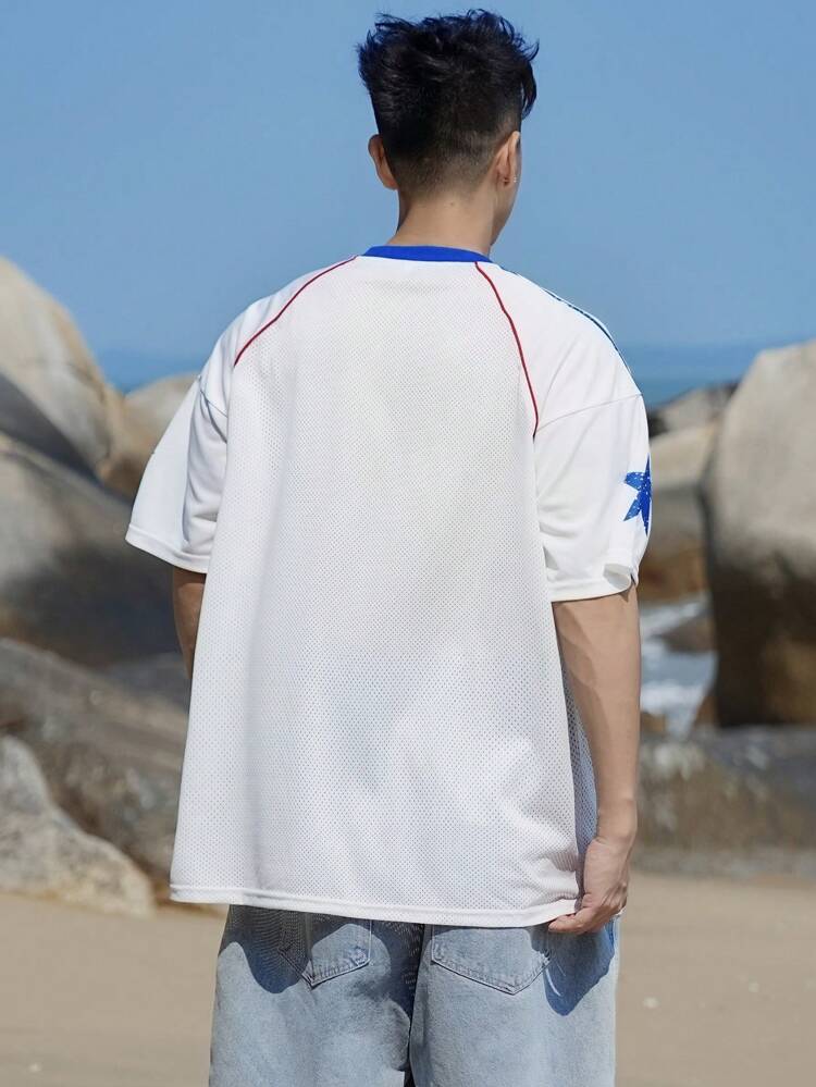 Letter & Geometric Print Short Sleeve Casual T-Shirt For Men, Summer Athletic Style