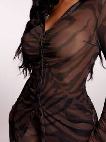 Radiana 2 件套女士休闲斑马纹透明网眼衬衫上衣和高腰长裤套装，街头风格度假，春夏 - 彩色 - 查看 8