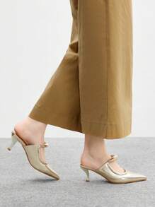 CUCCOO BIZCHIC 女士尖头高跟一脚蹬鞋，优雅的金属新月装饰，白色 PU 皮革，适合正式办公室穿着、通勤、派对 - 金色 - 查看 5