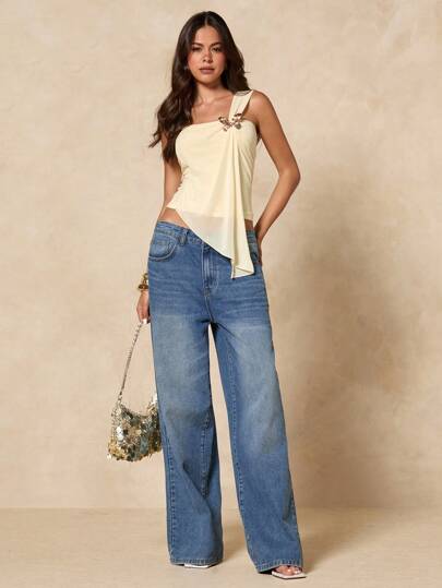 SHEIN BAE Parte superior de mujer con cuello halter y decoración de metal, apropiada para fiesta, vacaciones, banquete, salida nocturna, cita romántica, verano