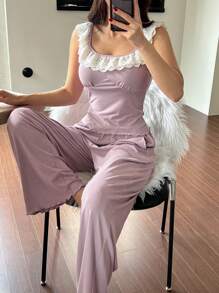 DAZY 浪漫荷叶边领无袖修身上衣搭配直筒睡裤，女士睡衣套装 - 淡紫色 - 查看 3