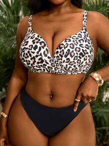 Slaydiva Plus Size Leopard Print Criss-Cross Swimsuit Top For Summer Beach Vacation