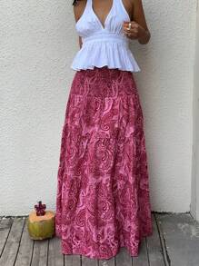 Sunnyshic 女式春夏波西米亚风印花松紧腰长裙，休闲日常穿着 - 中紫紅色 - 查看 7