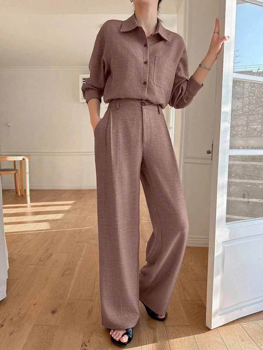 DAZY 2pcs Set Women Solid Color Pocket Loose Shirt And Wide Leg Pants,Fall Women Clothes Lounge Sets For Women - Pink - View 1