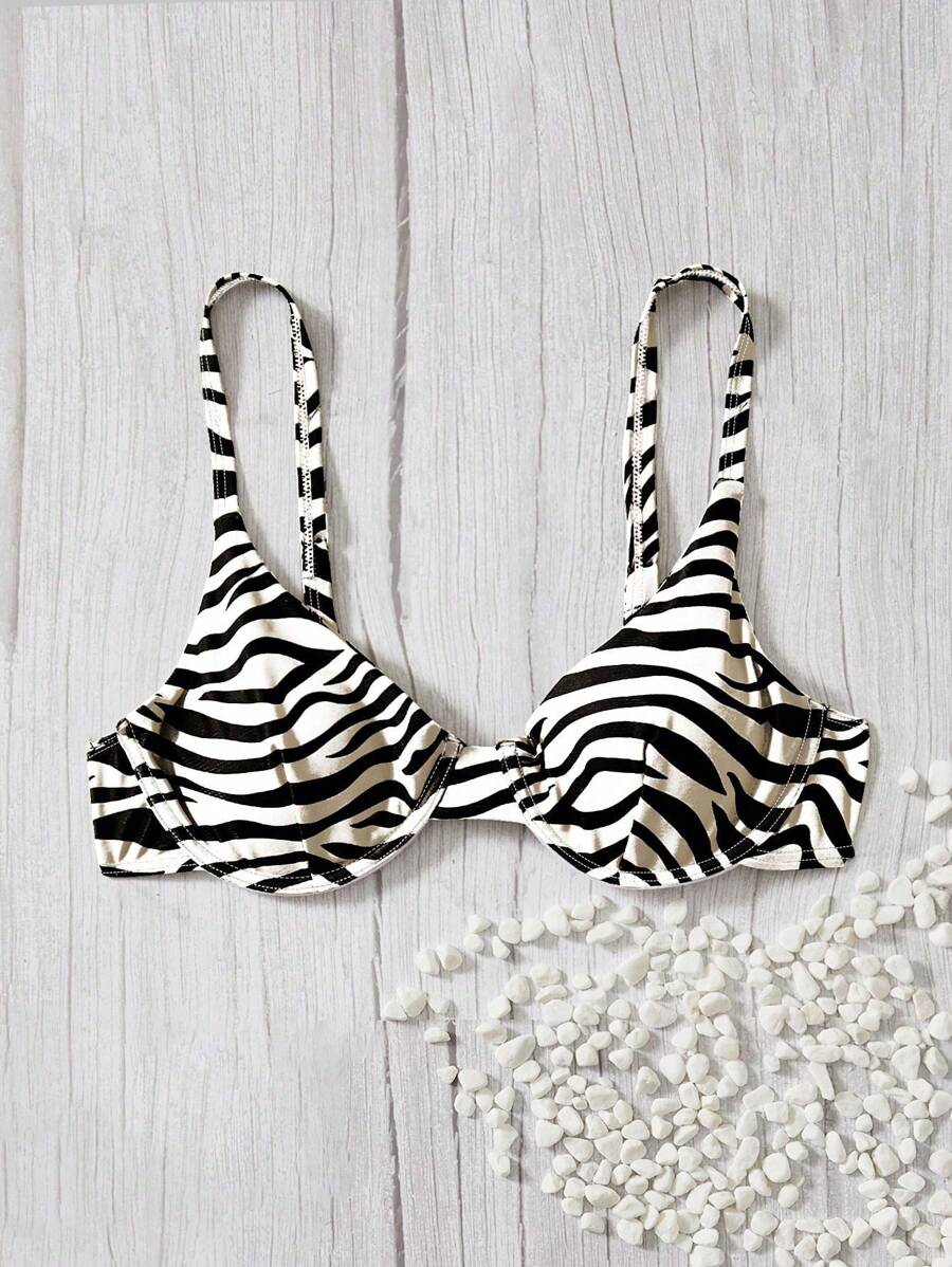 Swim Vcay Summer Beach Zebra Stripe Underwire Bikini Top - Black and White - View 1