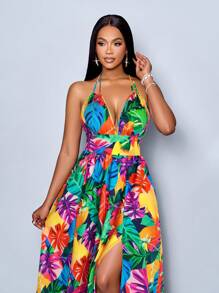 SOLERSUN 女式休闲假日深 V 领露背褶饰开衩大腿长裙，带植物印花 - 彩色 - 查看 4