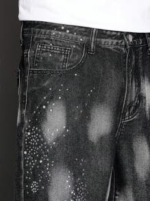 Manfinity Homme Pantalones cortos de mezclilla casuales holgados para hombres con bolsillos y rhinestones - Gris Oscuro - Ver 7