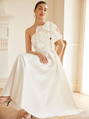 Aveloria Rosie French Retro Stylish Elegant Sweet Lady Solid Color Slanted Shoulder Big Bowknot Decor Sleeveless Fitted A-Line Mini Dress   Old Money Style For Summer Spring Fall Autumn