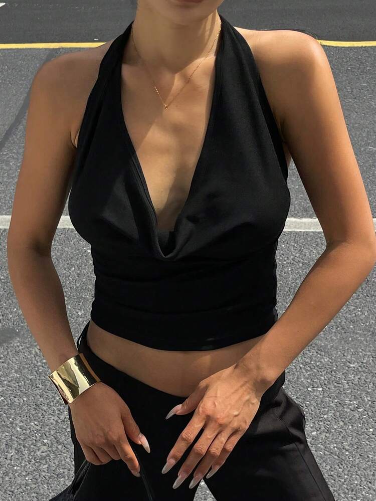 Women's Black Summer Twist-Tied Draped Neck Sleeveless Sexy Crop Black Tank Top Y2k