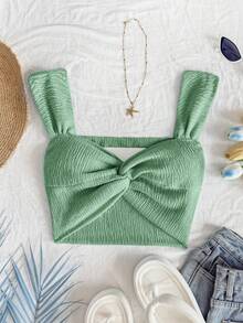 Soleia 女式蓝色针织金属纱扭结前露背短款上衣，度假风格 - 薄荷綠 - 查看 3