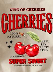 Tseoso Áo thun nữ cổ tròn tay ngắn in họa tiết quả anh đào tối giản giản dị - Màu be - Xem 9