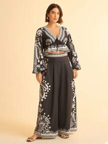 CAJUNI Plus Size Women Tropical Coconut Tree Printed Casual Wide Leg Extra Long Beach Pants
