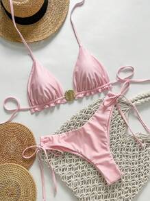 Swim Mod Bộ bikini màu hồng đơn giản dây mảnh họa tiết vỏ sò kim loại trang trí mùa xuân cho nữ, mùa hè - Hồng - Xem 1
