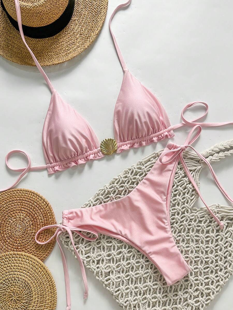 Swim Mod Bộ bikini màu hồng đơn giản dây mảnh họa tiết vỏ sò kim loại trang trí mùa xuân cho nữ, mùa hè - Hồng - Xem 1